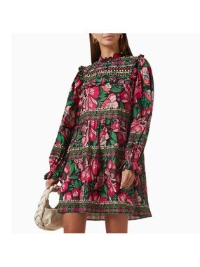 Farm Rio Dress LARGE Floral Long-Sleeve Mini Dress in Fuchsia & Green
